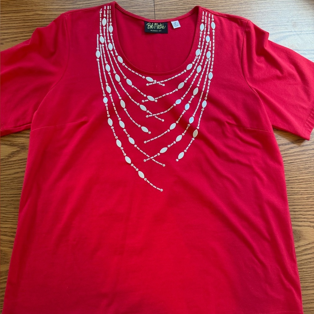 NWOT Bob Mackie Red & White Blouse Top w/Embellished Multi-Strand Necklace